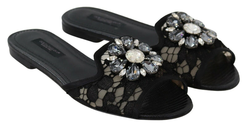 Elegant Black Lace Mules with Jewel Flower Detail Dolce & Gabbana