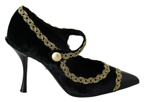 Elegant Gold-Embroidered Black Velvet Pumps Dolce & Gabbana