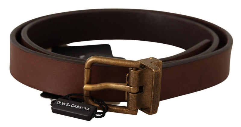 Elegant Brown Leather Belt with Gold Buckle Dolce & Gabbana