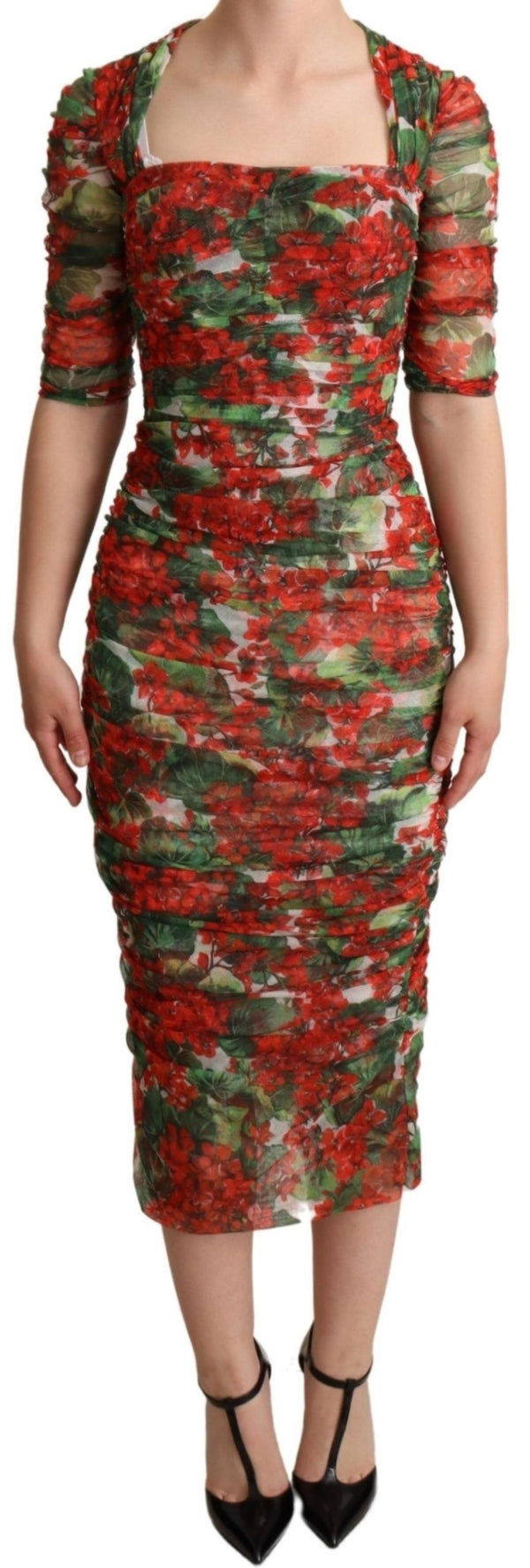 Elegant Red Floral Midi Sheath Dress Dolce & Gabbana