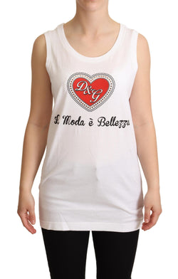 Crystal Embellished Heart White Sleeveless Tee Dolce & Gabbana