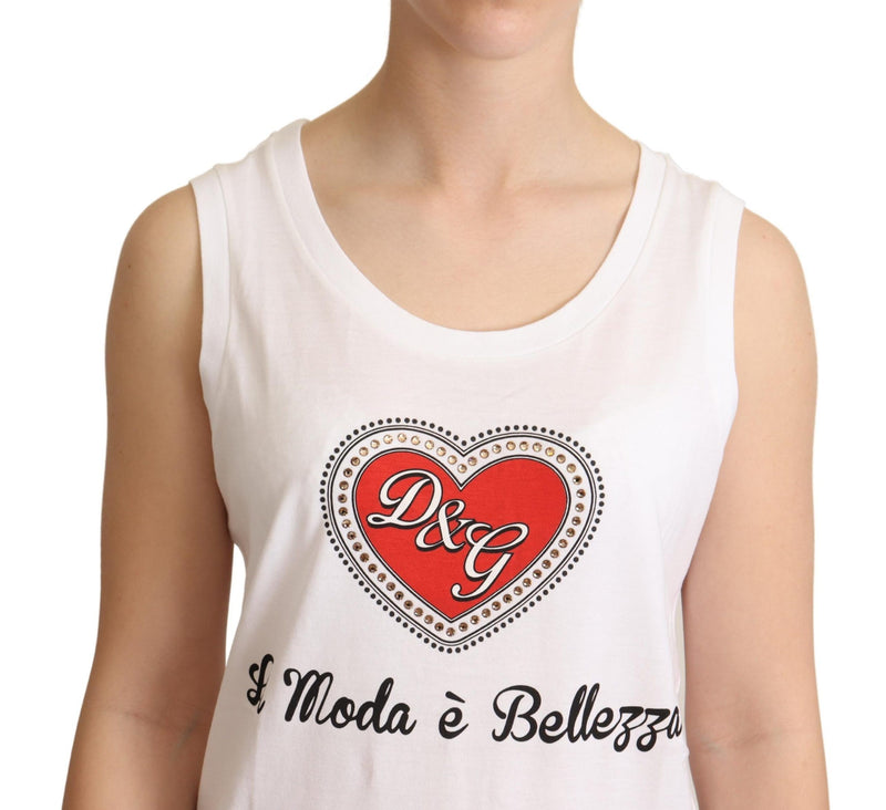 Crystal Embellished Heart White Sleeveless Tee Dolce & Gabbana