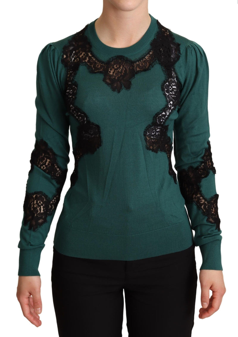 Elegant Green Pullover with Black Lace Detail Dolce & Gabbana