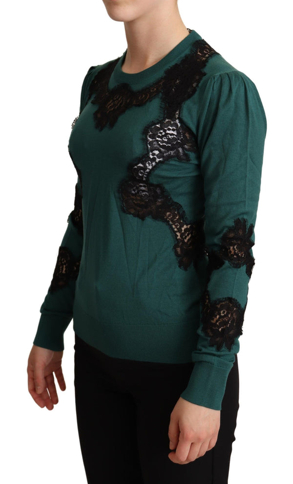 Elegant Green Pullover with Black Lace Detail Dolce & Gabbana