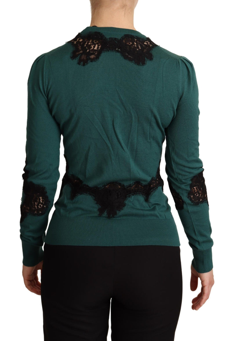 Elegant Green Pullover with Black Lace Detail Dolce & Gabbana