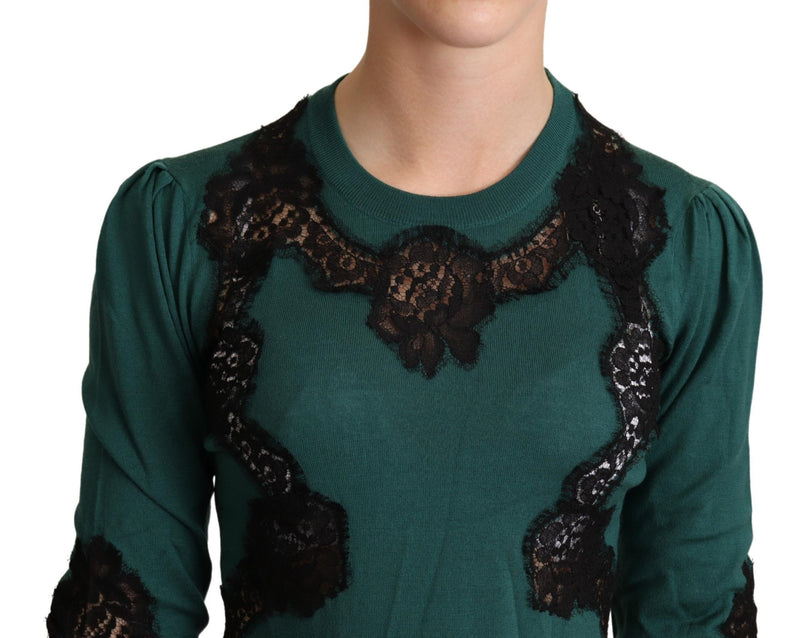 Elegant Green Pullover with Black Lace Detail Dolce & Gabbana