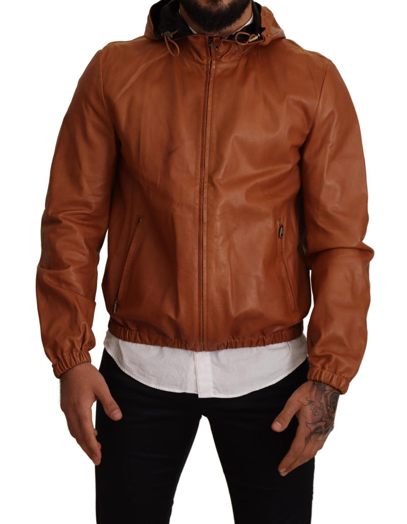 Elegant Brown Leather Bomber Jacket Dolce & Gabbana