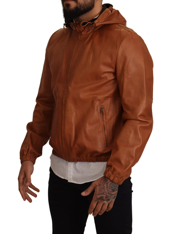 Elegant Brown Leather Bomber Jacket Dolce & Gabbana