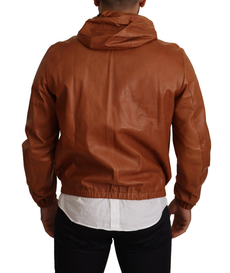 Elegant Brown Leather Bomber Jacket Dolce & Gabbana