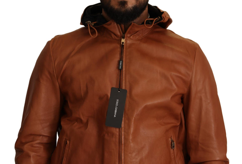 Elegant Brown Leather Bomber Jacket Dolce & Gabbana