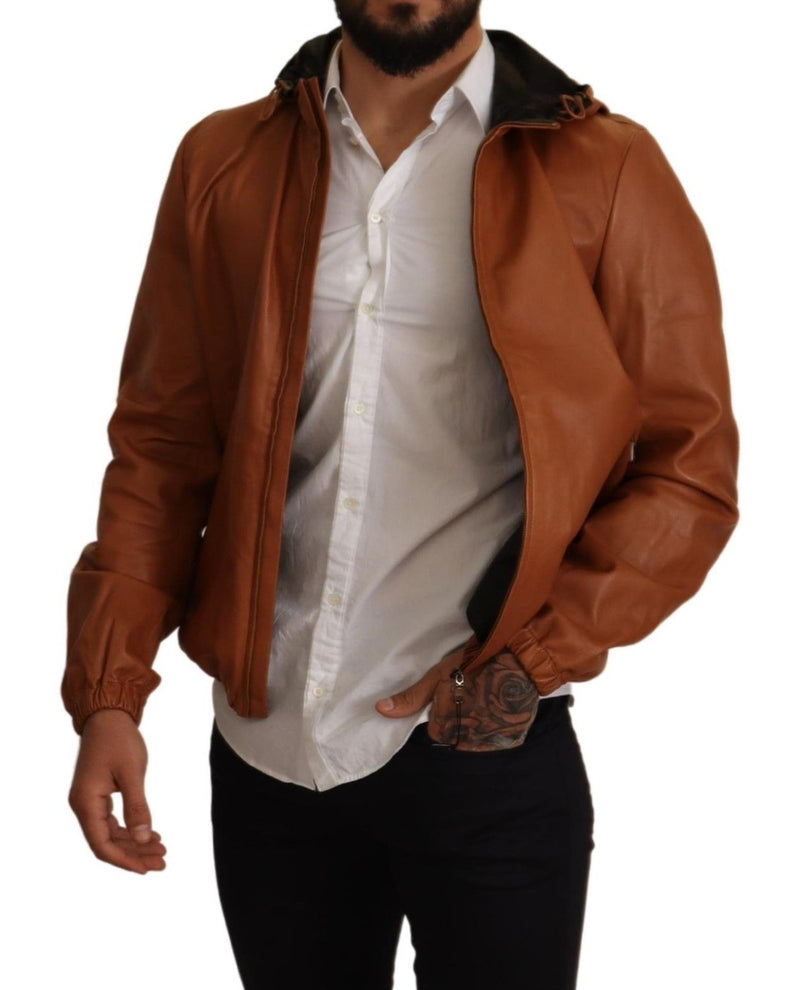 Elegant Brown Leather Bomber Jacket Dolce & Gabbana