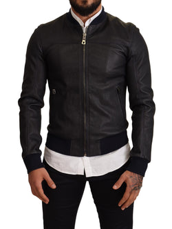 Elegant Leather Bomber Jacket in Dark Blue Dolce & Gabbana