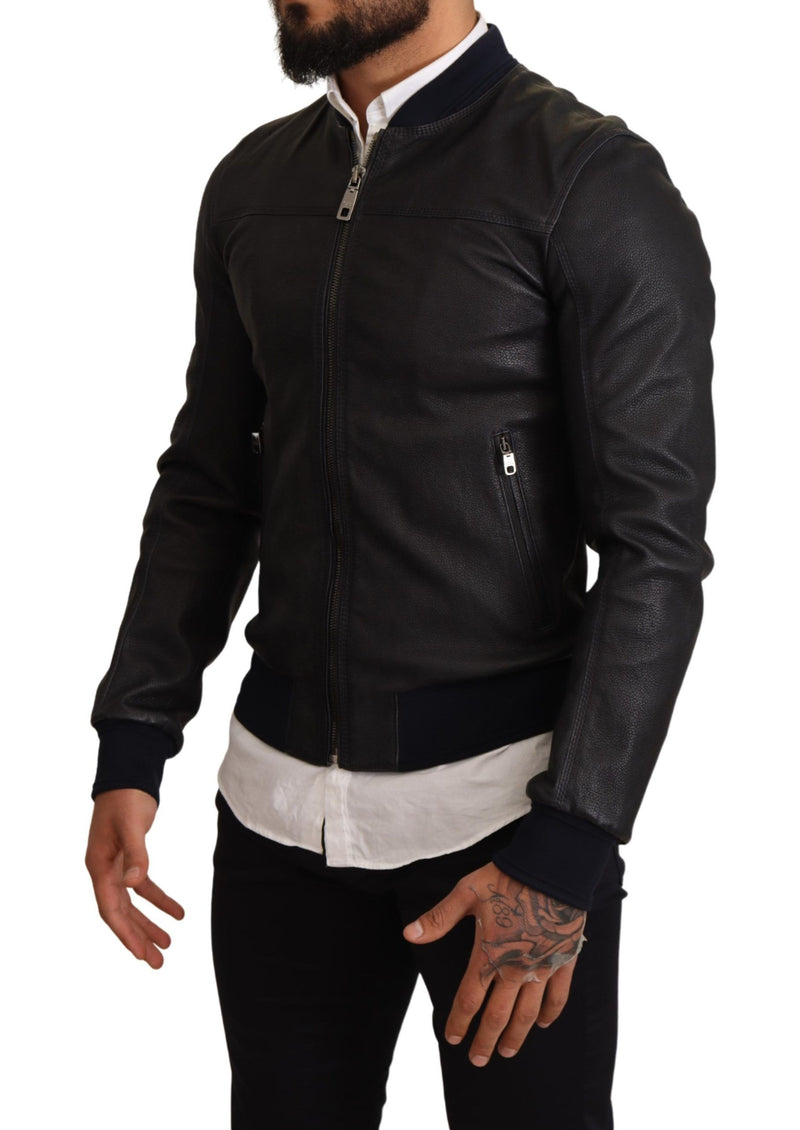 Elegant Leather Bomber Jacket in Dark Blue Dolce & Gabbana