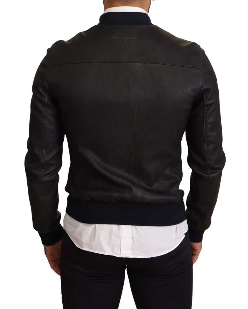 Elegant Leather Bomber Jacket in Dark Blue Dolce & Gabbana