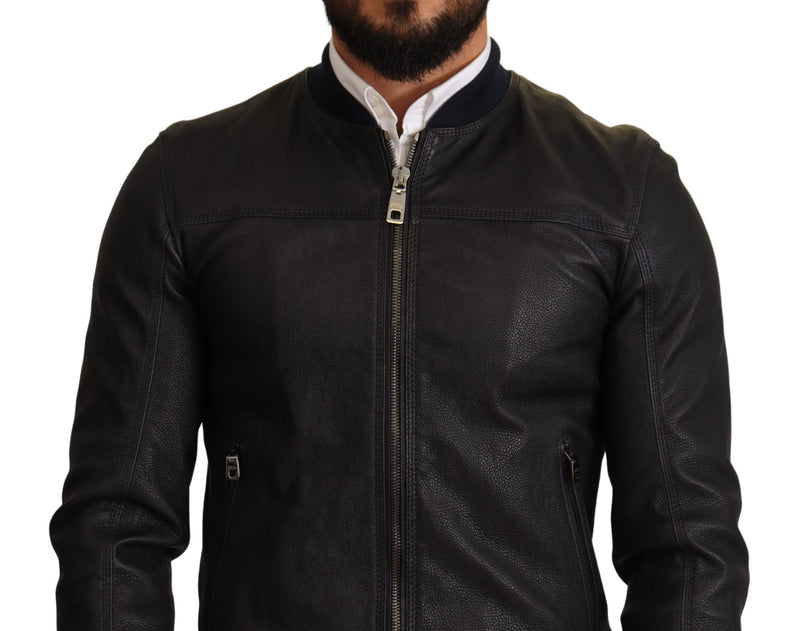 Elegant Leather Bomber Jacket in Dark Blue Dolce & Gabbana