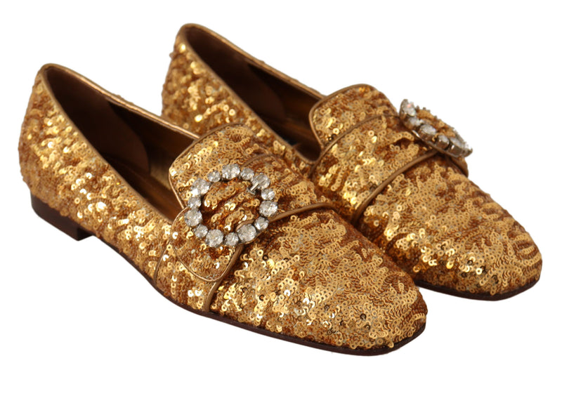 Elegant Gold Sequin Crystal Flats Dolce & Gabbana