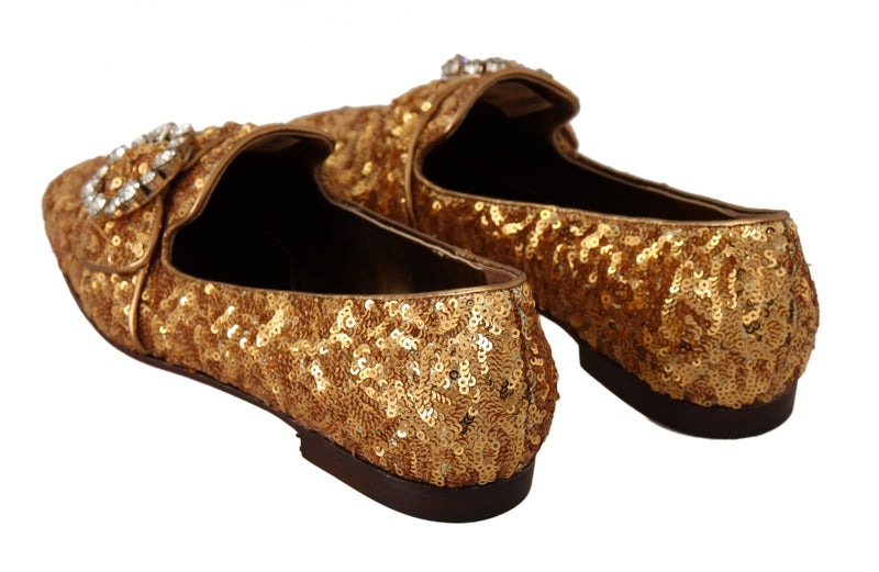 Elegant Gold Sequin Crystal Flats Dolce & Gabbana