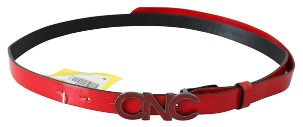 Chic Red Leather Waist Belt with Black-Tone Buckle Costume National