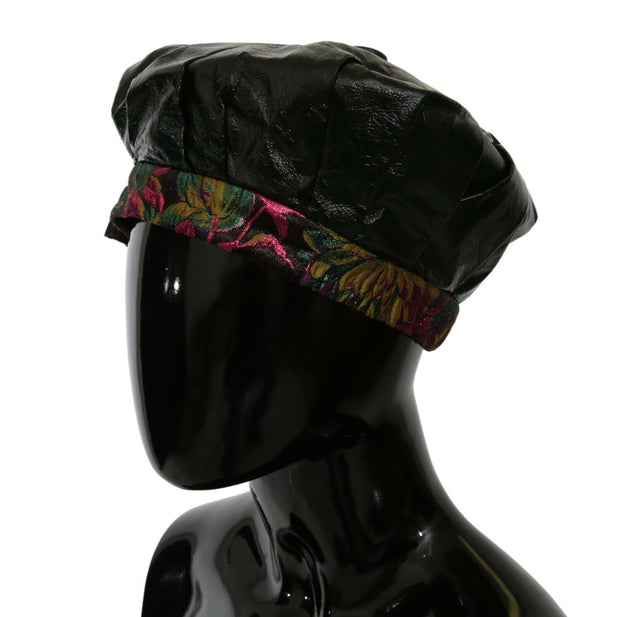 Elegant Black Beret Cap with Floral Lining Dolce & Gabbana