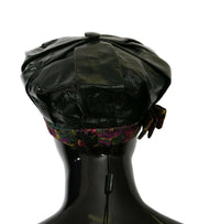 Elegant Black Beret Cap with Floral Lining Dolce & Gabbana