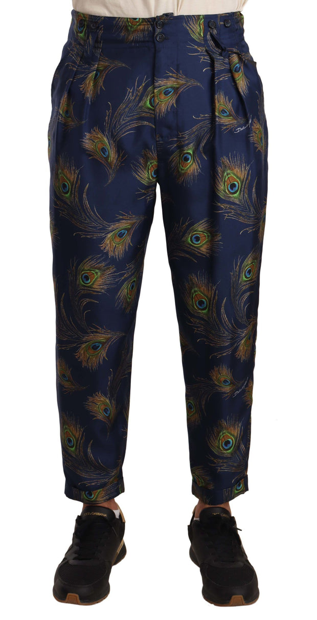 Exquisite Peacock Print Silk Trousers Dolce & Gabbana