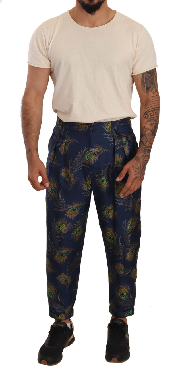 Exquisite Peacock Print Silk Trousers Dolce & Gabbana