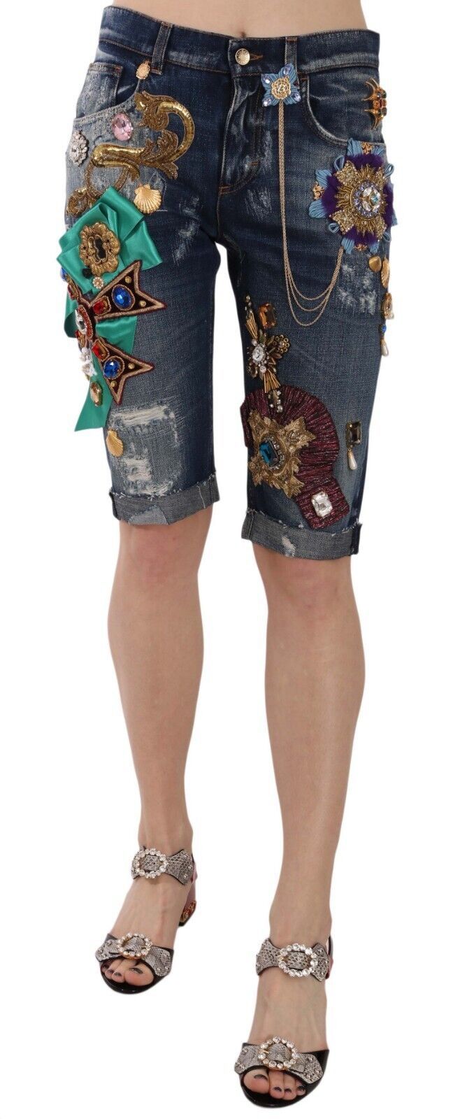 Elegant Knee-Length Embellished Denim Shorts Dolce & Gabbana