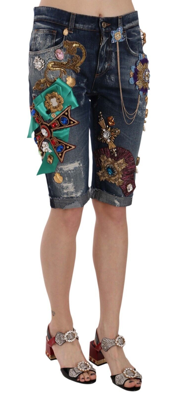 Elegant Knee-Length Embellished Denim Shorts Dolce & Gabbana