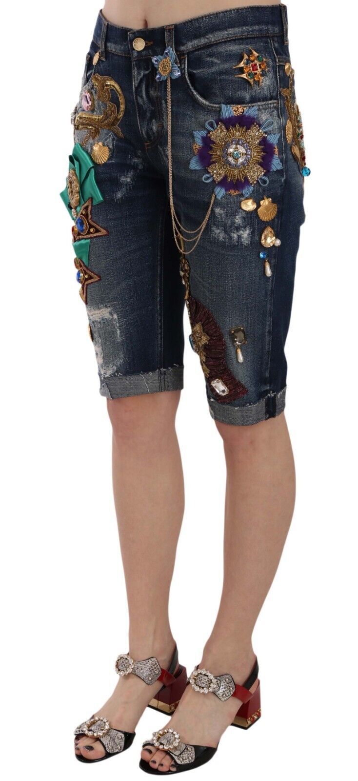 Elegant Knee-Length Embellished Denim Shorts Dolce & Gabbana