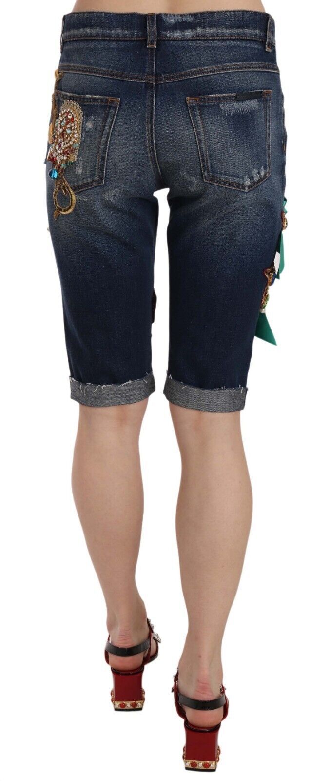 Elegant Knee-Length Embellished Denim Shorts Dolce & Gabbana