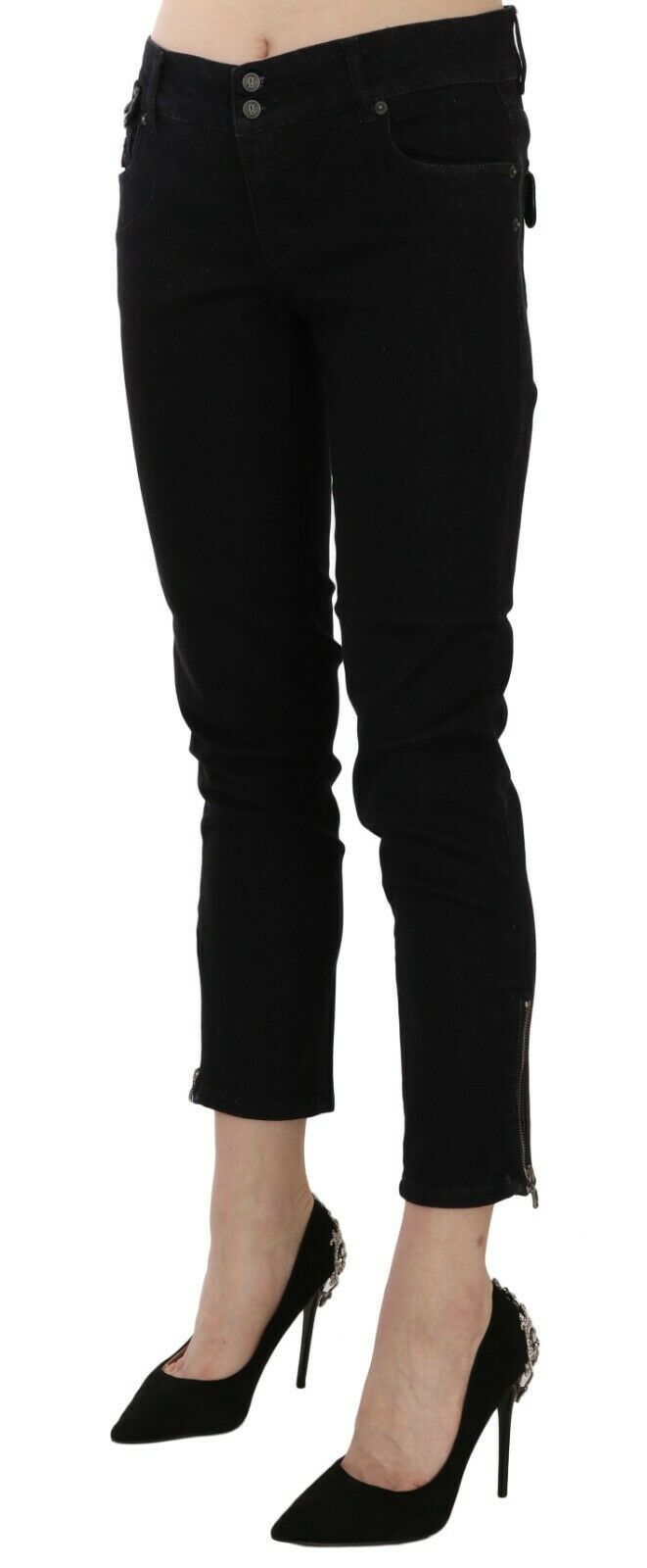 Chic Black Mid Waist Slim Cropped Jeans John Galliano