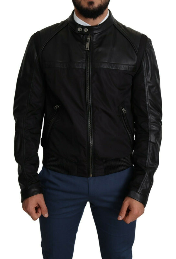 Elegant Black Bomber with Leather Accents Dolce & Gabbana