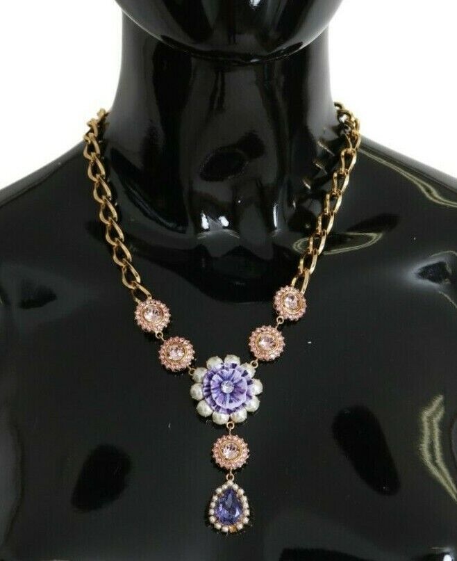 Elegant Gold Crystal Floral Charm Necklace Dolce & Gabbana