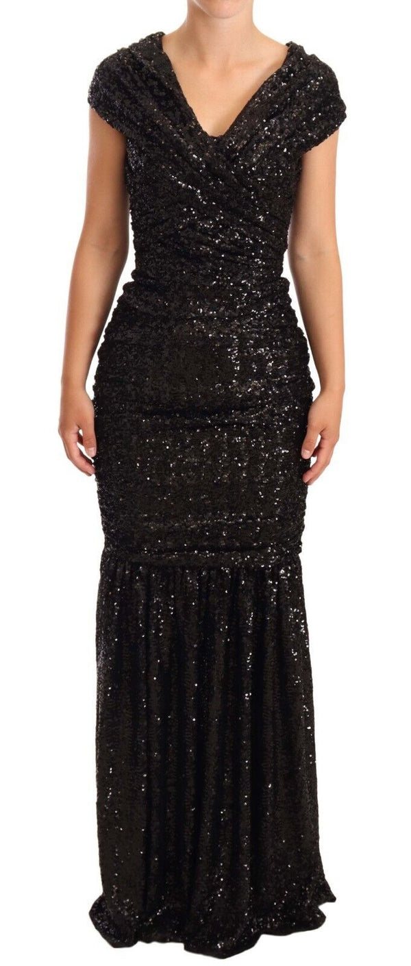 Elegant Black Sequined Open Shoulder Gown Dolce & Gabbana