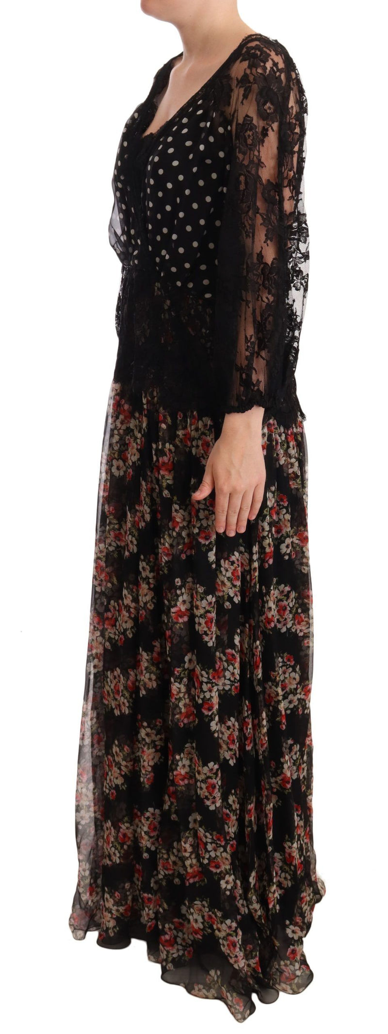 Elegant Lace Floral Maxi Dress with Polka Dots Dolce & Gabbana