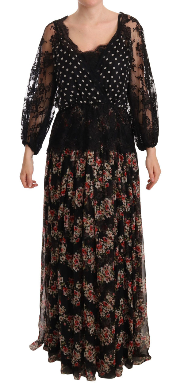 Elegant Lace Floral Maxi Dress with Polka Dots Dolce & Gabbana