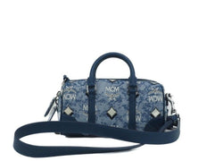 Boston Mini Blue Vintage Jacquard Logo Fabric Satchel Crossbody Handbag MCM