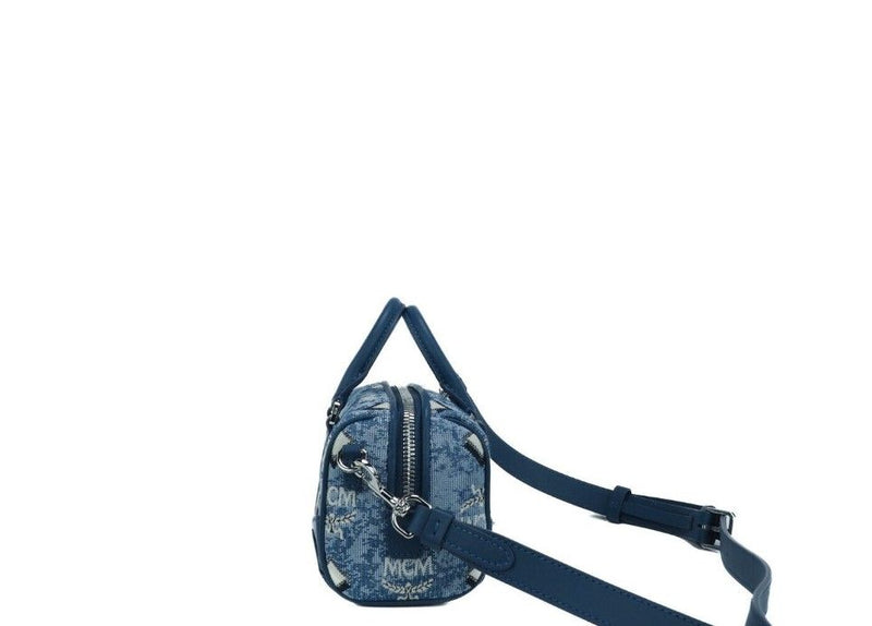 Boston Mini Blue Vintage Jacquard Logo Fabric Satchel Crossbody Handbag MCM