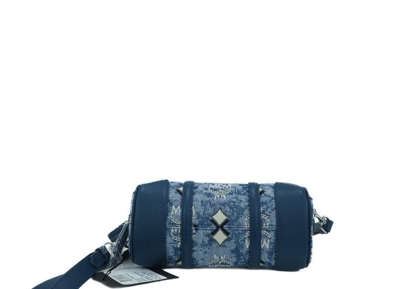 Boston Mini Blue Vintage Jacquard Logo Fabric Satchel Crossbody Handbag MCM