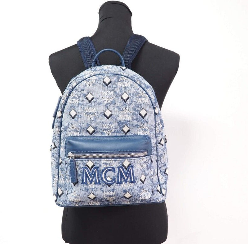 Stark Small Blue Vintage Jacquard Monogram Logo Fabric Backpack Bookbag MCM