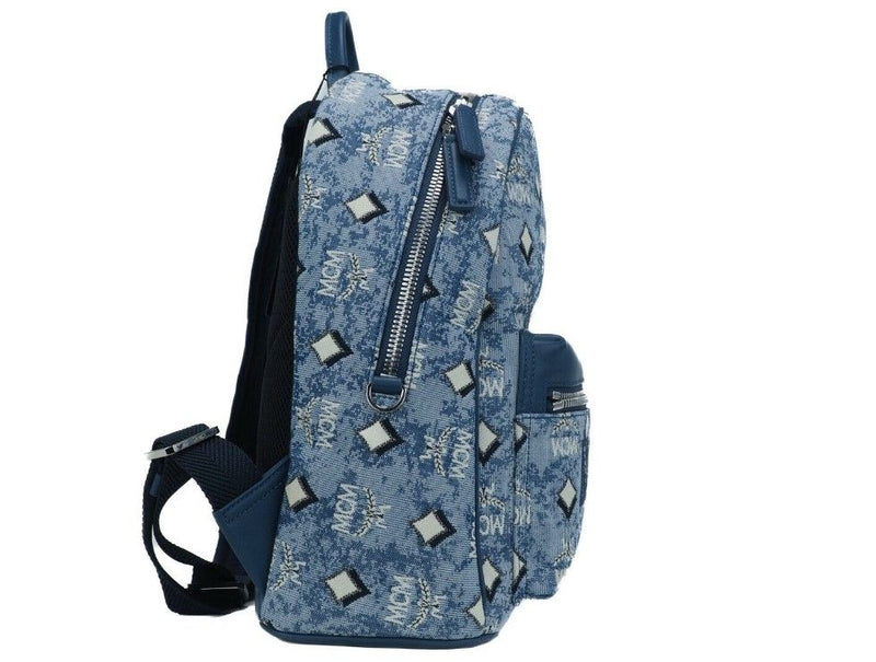 Stark Small Blue Vintage Jacquard Monogram Logo Fabric Backpack Bookbag MCM