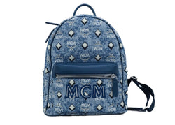 Stark Small Blue Vintage Jacquard Monogram Logo Fabric Backpack Bookbag MCM