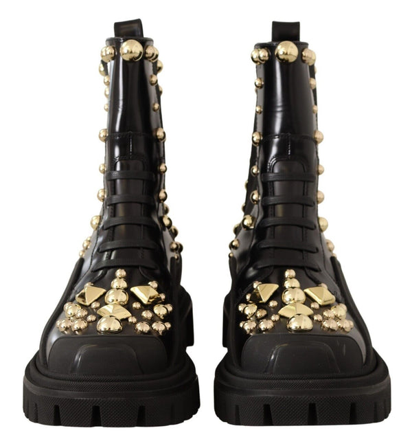 Studded Leather Combat Boots with Embroidery Dolce & Gabbana