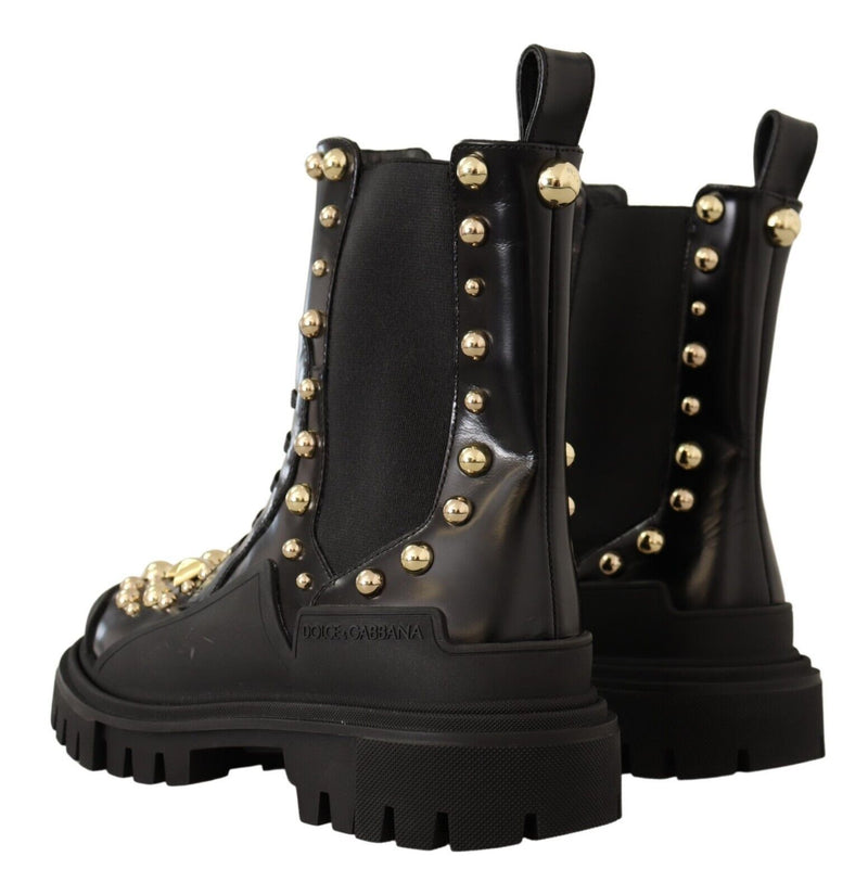 Studded Leather Combat Boots with Embroidery Dolce & Gabbana