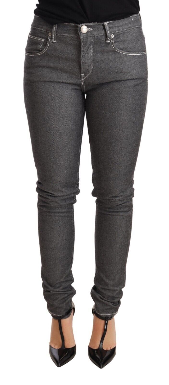 Elegant Gray Mid Waist Skinny Jeans Acht