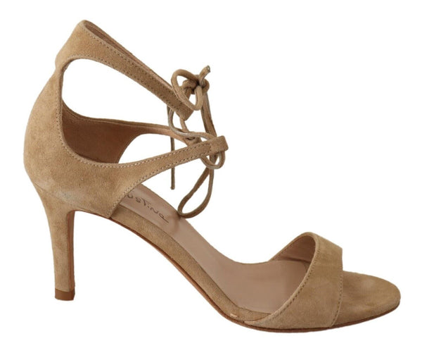 Elegant Beige Suede Ankle Strap Heels Maria Christina