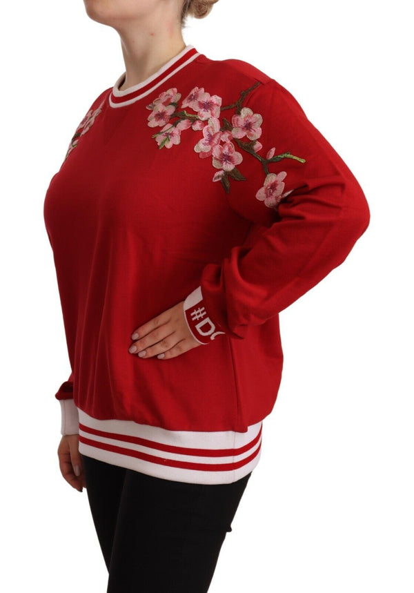 Elegant Red Crewneck Pullover with Floral Motif Dolce & Gabbana