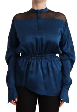 Elegant Crew Neck Silk Blouse in Blue Masha Ma