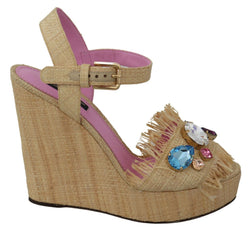 Beige Silk Strap Wedge Sandals Dolce & Gabbana