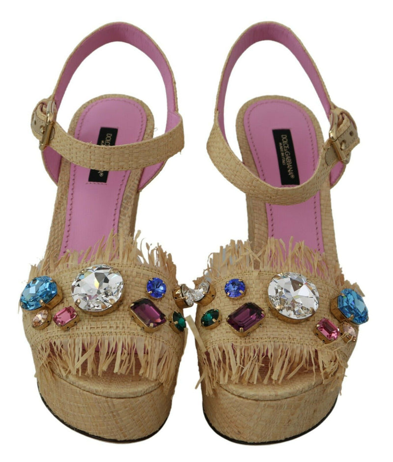 Beige Silk Strap Wedge Sandals Dolce & Gabbana